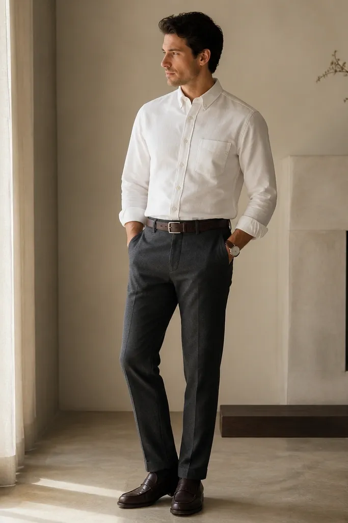 A man in charcoal grey linen pants with a crisp white oxford button-down worn buttoned at the collar; dark brown leather loafers; a dark brown belt; watch on the wrist. The pants hem hits at the shoe top with a slight break.