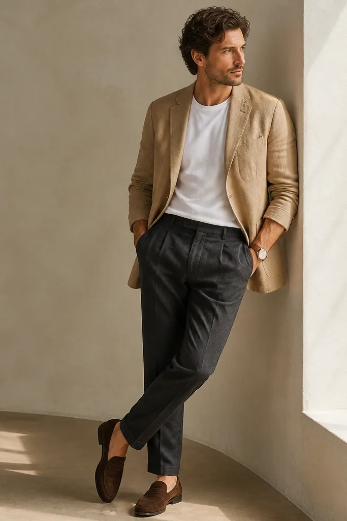 A man in charcoal grey linen pants paired with a tan unstructured jacket over a white crewneck tee. Dark brown loafers and a brown leather watch strap. The jacket is open and the outfit looks airy.
