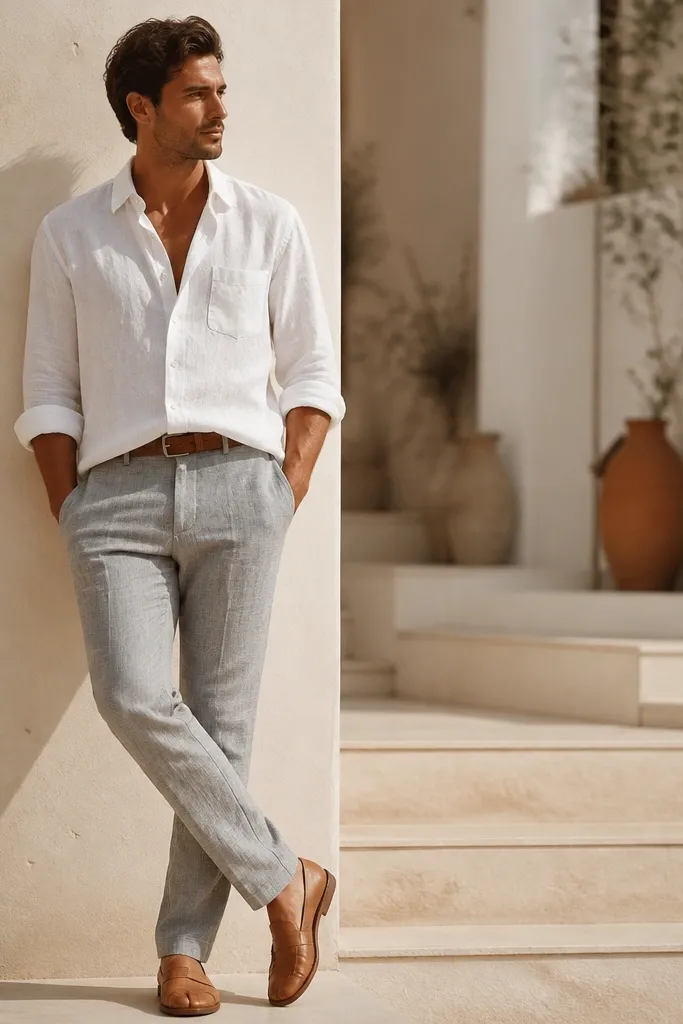 A man wearing grey linen pants with a white linen button-up shirt worn half-tucked in the front. Cognac belt, tan leather sandals or loafers, and a relaxed, sunlit look.