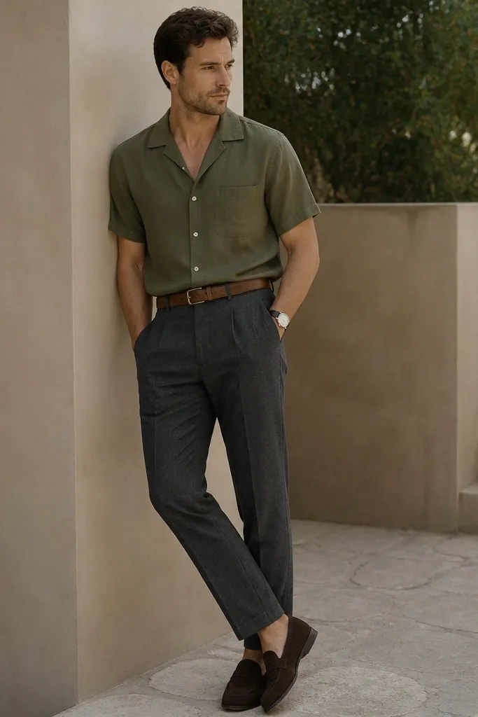 A man wearing charcoal grey linen pants with an olive camp collar short-sleeve shirt. Suede loafers in dark brown, a brown leather belt, and a watch with a leather strap.