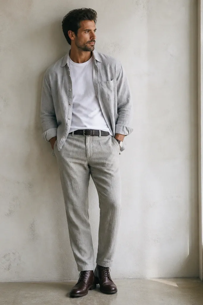 A man wearing grey linen pants with a white crew tee and a light grey overshirt layered on top. He has dark leather boots and a simple belt. The overshirt is unbuttoned.