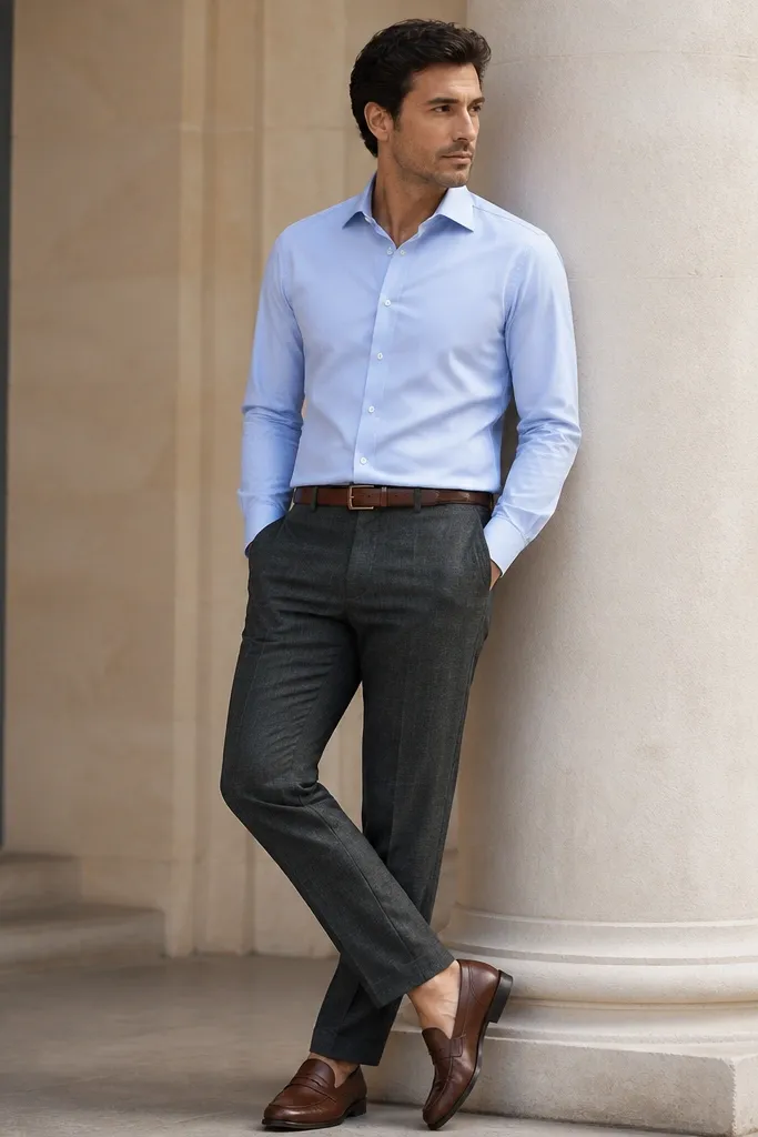 A man in charcoal grey linen pants wearing a sky blue poplin button-down shirt. The shirt is tucked in, with a brown leather belt and brown leather loafers. Clean, crisp look.