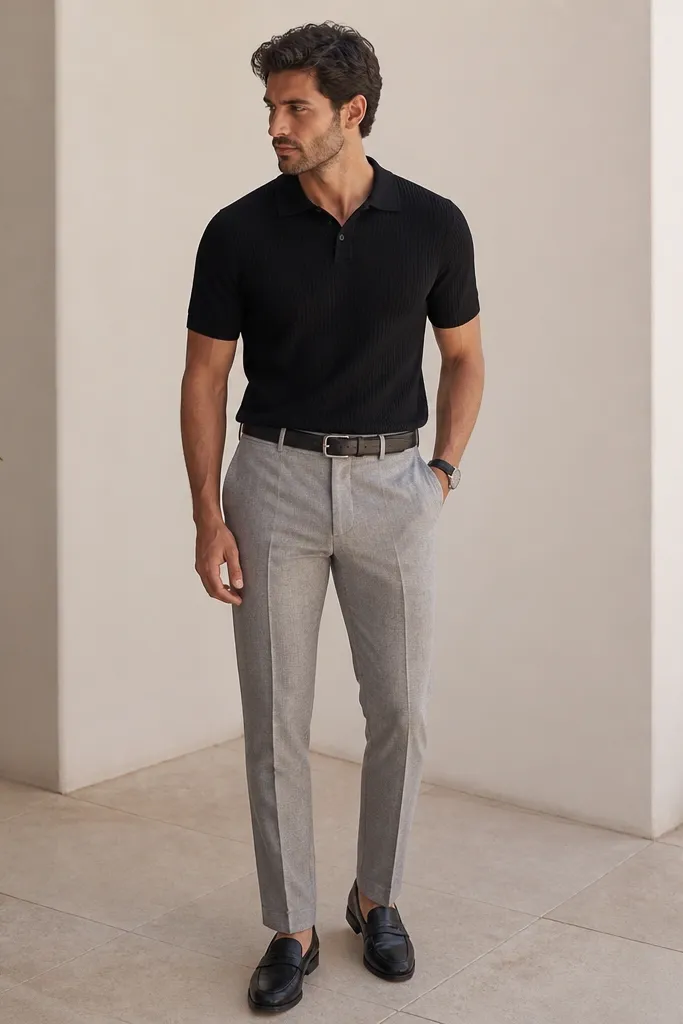 A man wearing grey linen pants with a black short-sleeve knit polo. He has black leather loafers and a black belt, with a simple watch. The polo collar sits flat.