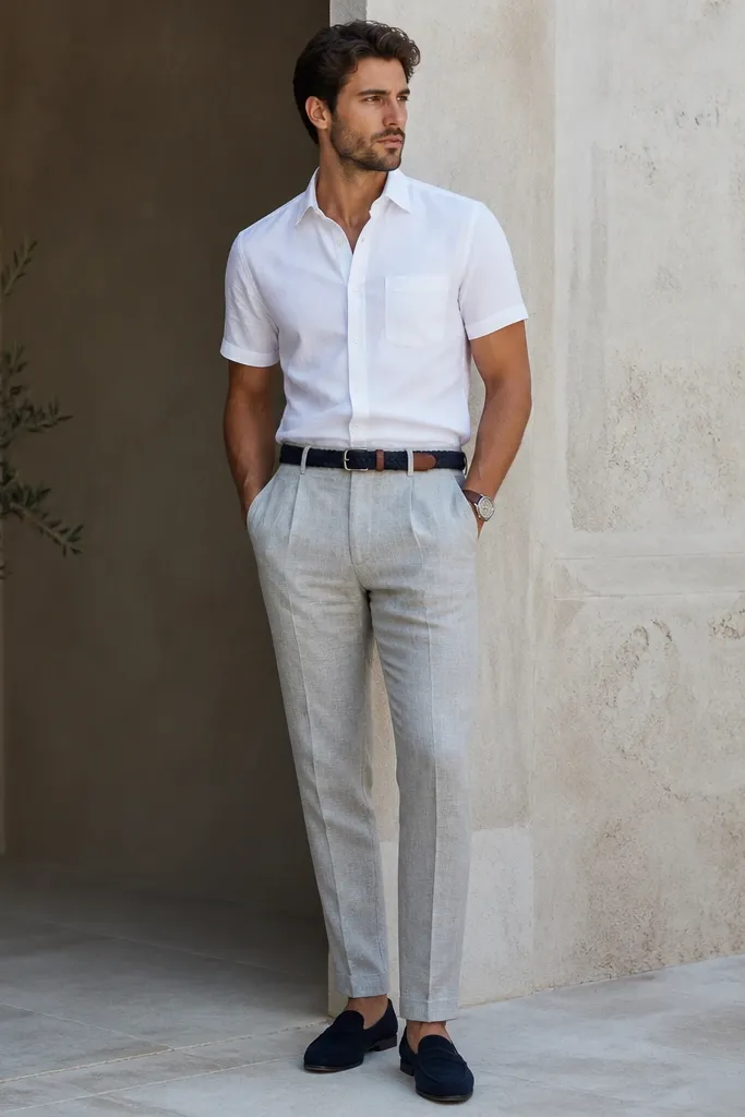 A man wearing grey linen pants with a white short-sleeve button-up shirt. Navy loafers and a navy-tinted belt (or navy-brown belt), plus a watch. Shirt is tucked neatly.
