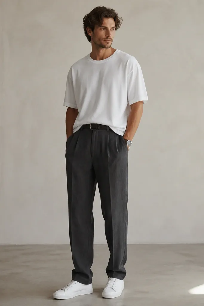 A man wearing charcoal grey linen pants with a white oversized tee, tucked slightly at the front with a tailored belt. He has minimal white sneakers with a clean upper and a watch.