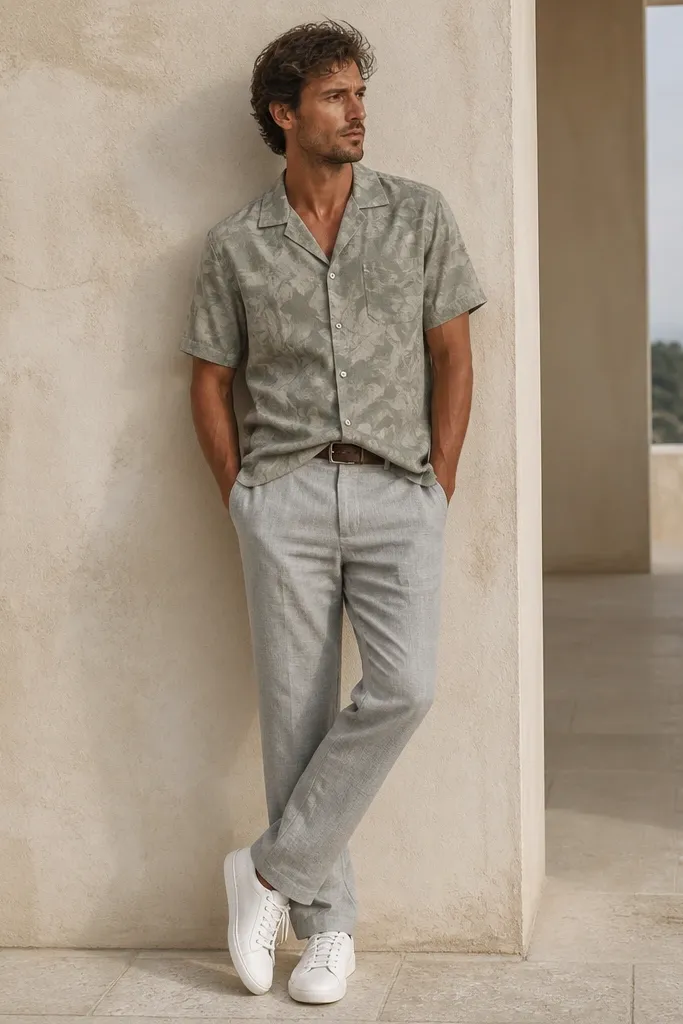 A man in grey linen pants wearing a camp shirt with a subtle pattern in muted tones (sage and grey). White sneakers and a simple leather belt. Shirt is lightly tucked at the front corners.
