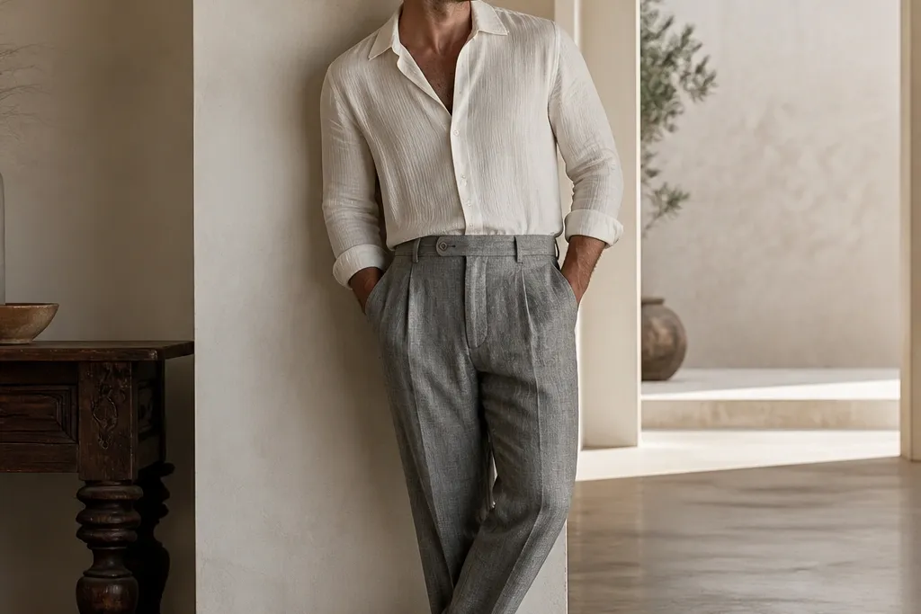 Luxe high end grey linen pants outfit men