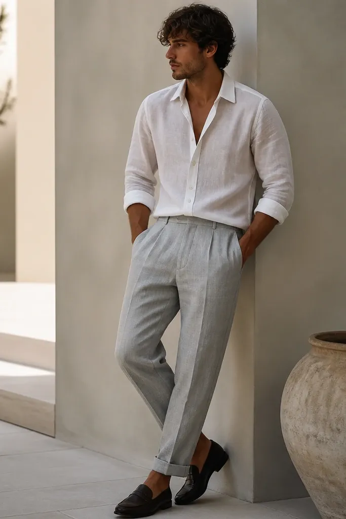 Luxe high end grey linen pants outfit men