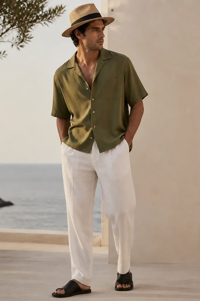 White linen pants with an olive camp-collar short sleeve shirt. The shirt is open at the top, with a relaxed drape and slightly dropped shoulder. Shoes are black leather sandals or slides, and there's a straw hat with a dark band.