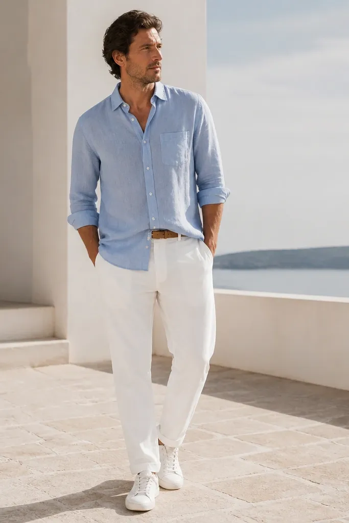 A man wearing white linen pants with a light blue chambray shirt. The shirt is fully un-tucked with sleeves rolled once. He wears white low-top sneakers and a simple tan belt.