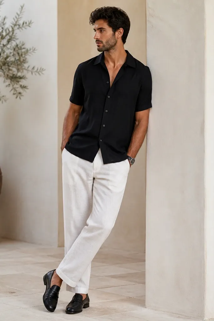 White linen pants with a black short-sleeve linen-blend shirt. The shirt has a relaxed fit, slightly longer hem, and is worn open at the collar. He wears black leather loafers and a black watch strap.