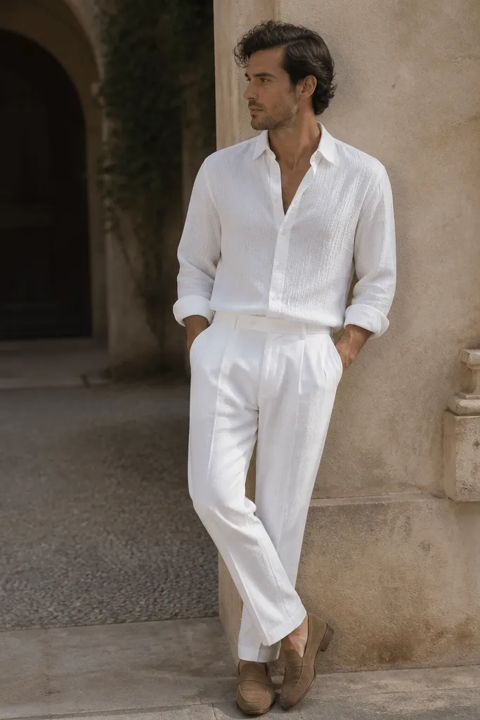A monochrome outfit: white linen pants and a white seersucker button-down shirt with a visible puckered texture. The shirt is partially tucked, sleeves rolled once, and the man wears light brown suede loafers.