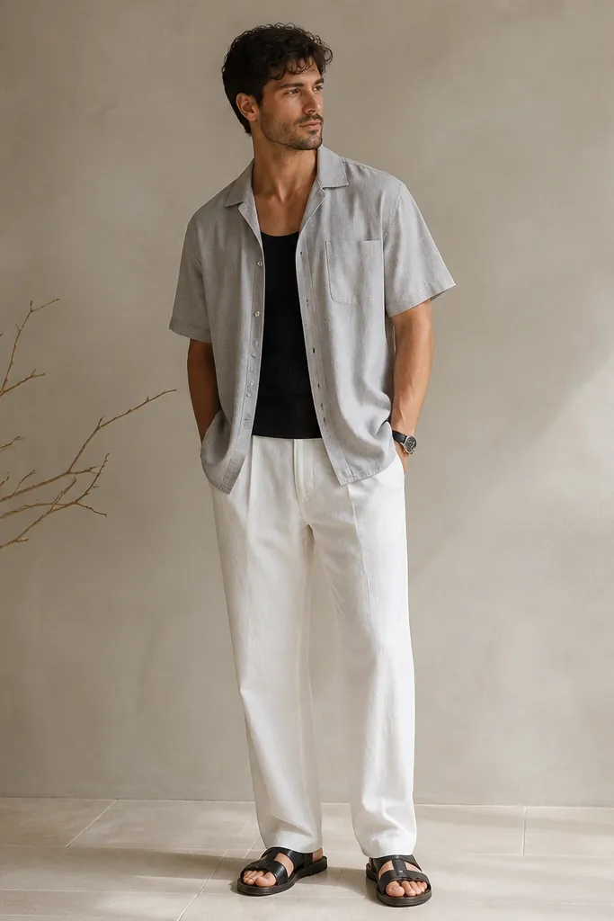 White linen pants with a black ribbed tank underneath an open short-sleeve shirt in light gray. The tank shows at the neckline and the shirt hangs relaxed. Shoes are black leather sandals, and there's a black leather watch.