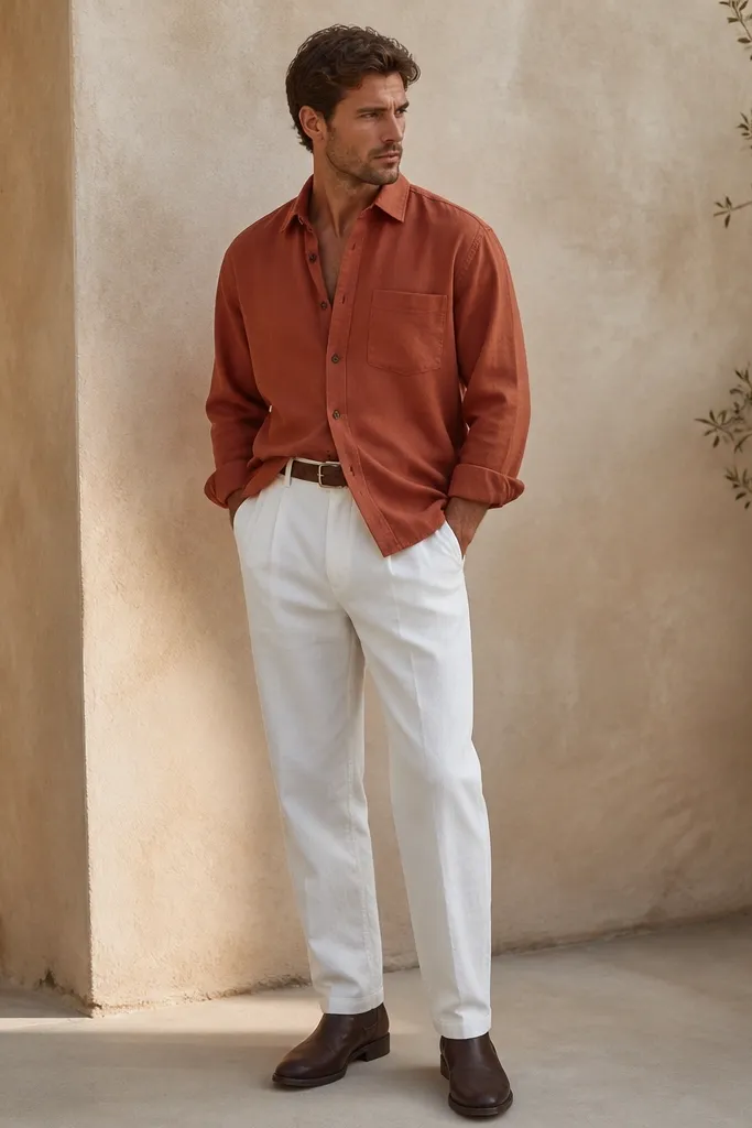 White linen pants with a rust terracotta overshirt worn buttoned halfway. The fabric looks like cotton twill. The man wears dark brown leather boots and a leather belt.