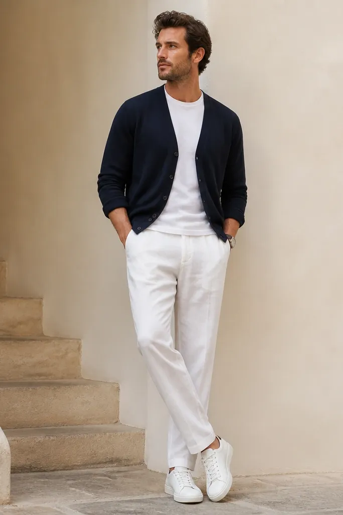 White linen pants with a navy summer-weight knit cardigan over a white tee. The cardigan is slightly open and the sleeves are rolled once. He wears white sneakers and a simple silver watch.