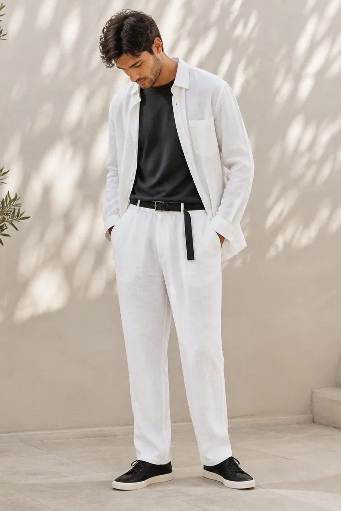 White linen pants with a charcoal crewneck t-shirt under a white overshirt. The overshirt is open and the t-shirt neckline is visible. He wears black low-top sneakers and a black canvas belt.