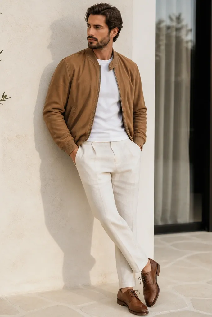 White linen pants with a tan suede bomber jacket. The bomber has ribbed cuffs and a clean zipper. The man wears a white t-shirt underneath and brown leather lace-up shoes.