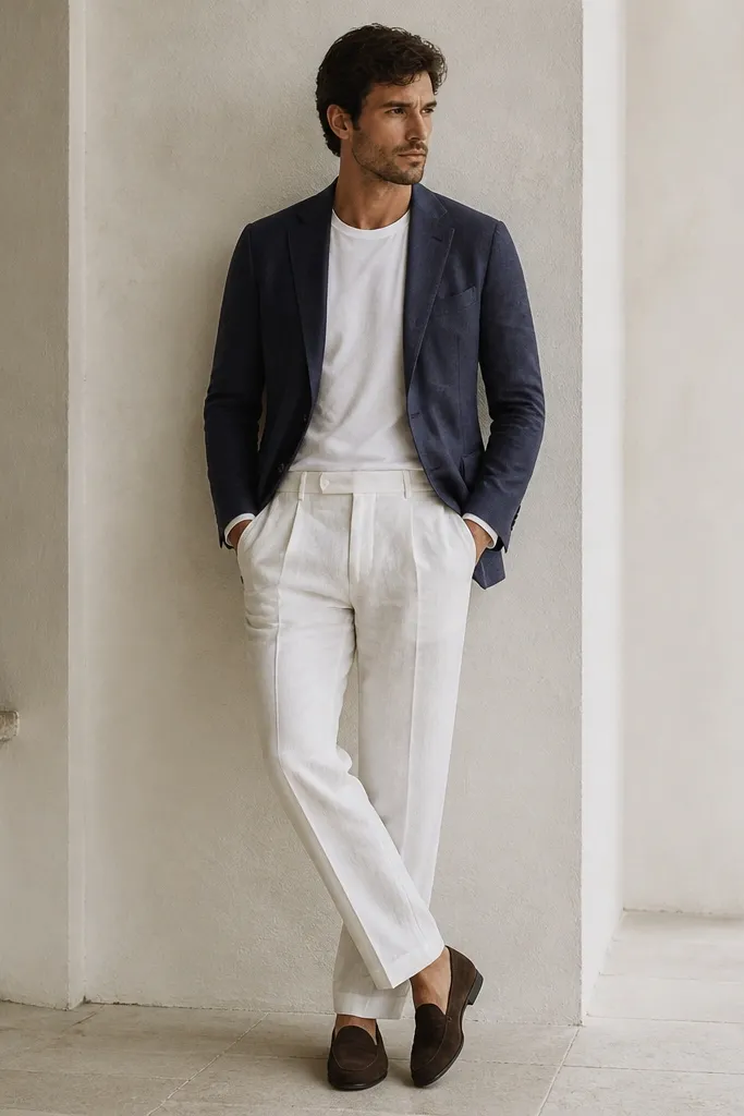 White linen pants with a navy light cotton blazer worn open over a white tee. The blazer lapels are slim and the sleeves show the shirt cuff slightly. Shoes are dark brown loafers.