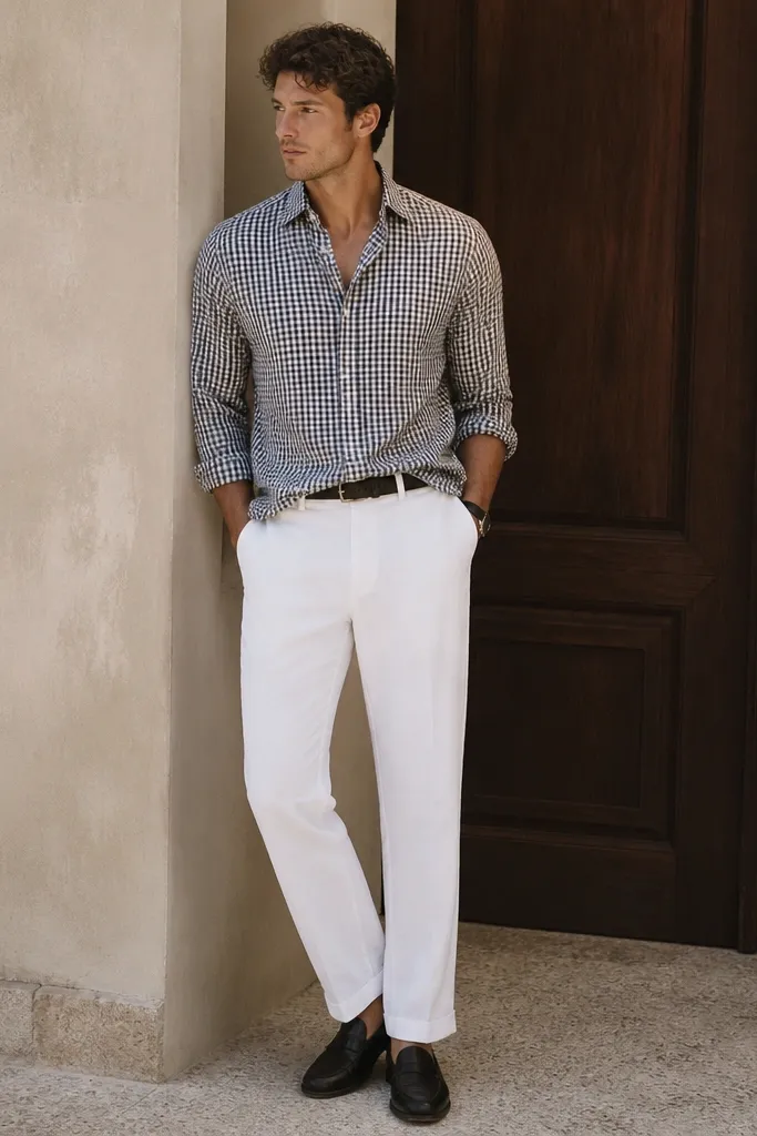White linen pants with a black-and-white gingham button-down shirt. The shirt is tucked in at the front and rolled sleeves show. The man wears black leather loafers and a black belt.