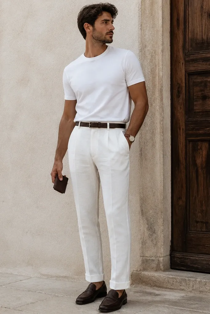 White linen pants with a plain white crewneck tee. The outfit uses an espresso brown leather belt and a matching brown leather watch strap. Shoes are espresso loafers and the man holds a small leather cardholder.