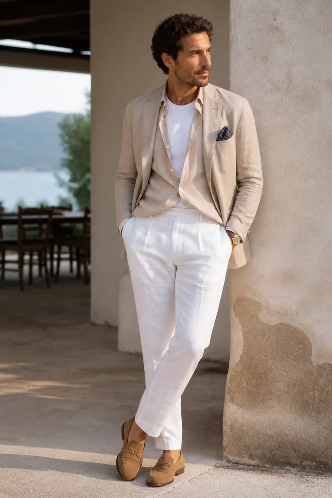 White linen pants with a light tan linen shirt worn open over a white tee. A navy patterned silk pocket square is visible from a blazer or sports coat. The man wears tan suede loafers and a gold-toned watch.