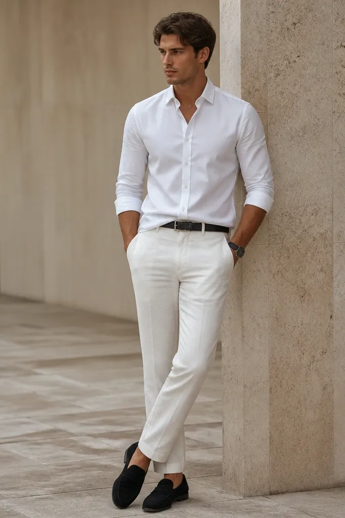 White linen pants paired with a crisp white oxford shirt buttoned up. The shirt is slightly fitted and worn half-tucked. Footwear is black suede loafers. There's a black watch strap and a simple black belt.