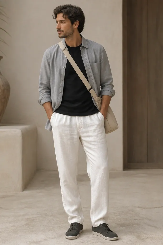 White linen pants with a black crewneck t-shirt under a light gray overshirt. The overshirt is worn open, and the sleeves are rolled once. Shoes are dark gray suede sneakers and the man has a canvas crossbody bag.