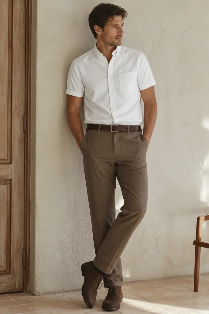 Brown linen pants paired with a crisp white short-sleeve Oxford shirt. The man wears dark brown desert boots with a slightly creased leather finish and a matching belt. The shirt is tucked and the waist looks smooth.