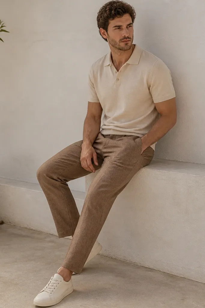 Brown linen pants with an oatmeal knit polo shirt, collar sitting flat. The man wears off-white leather minimalist sneakers and no-show liners. The outfit is bright and summer-clean.