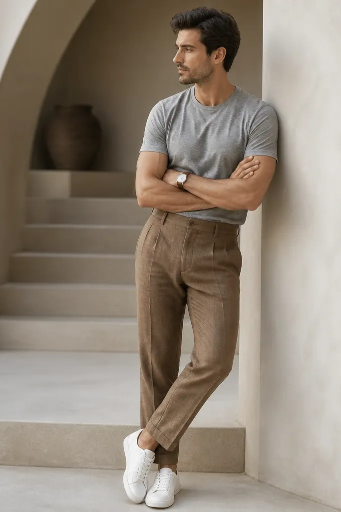 Brown linen pants with a heather gray crew-neck tee. White leather low-top sneakers and a simple brown watch strap. The tee is tucked for a clean silhouette, and the pants show natural linen texture.