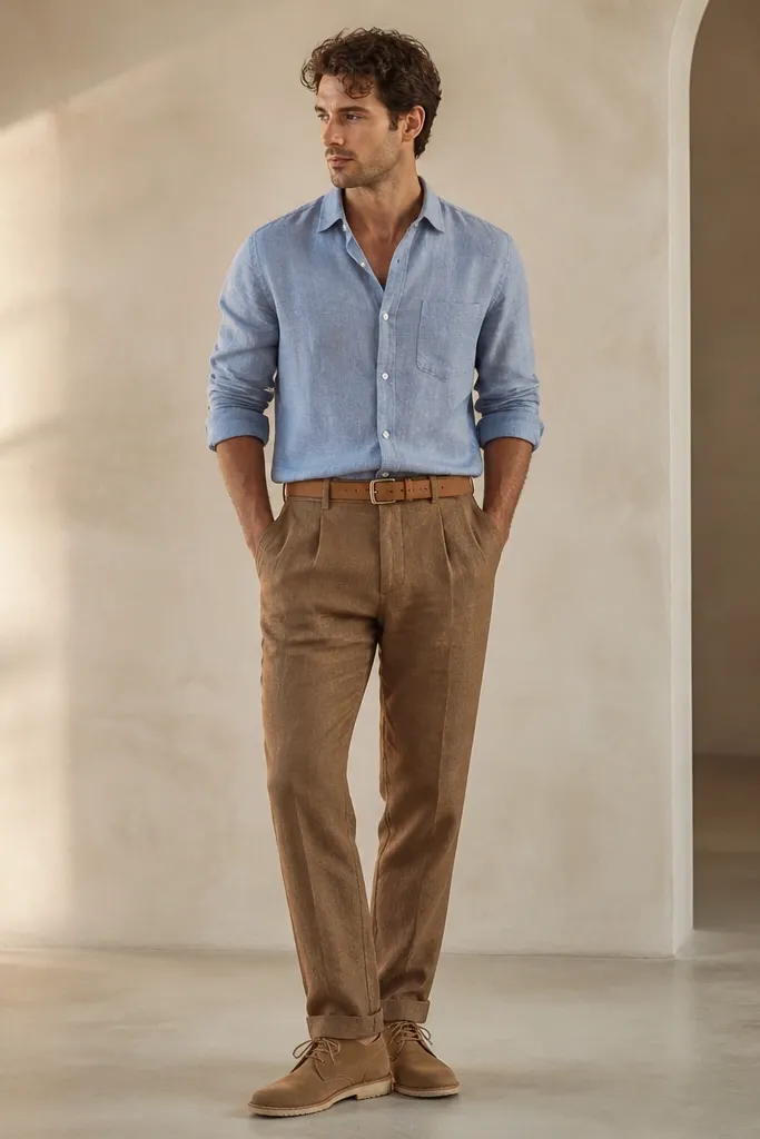 Brown linen pants paired with a light blue chambray button-up, sleeves rolled. Tan suede chukkas with a crepe sole and a matching belt. The shirt collar is open slightly, and the outfit looks airy.