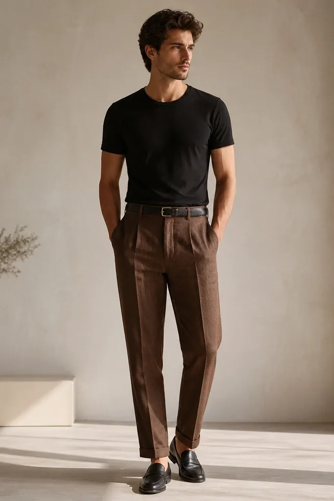 Brown linen pants with a black fitted crew-neck tee, tucked neatly. A minimal black leather belt and black leather loafers. The look is high-contrast but still clean.