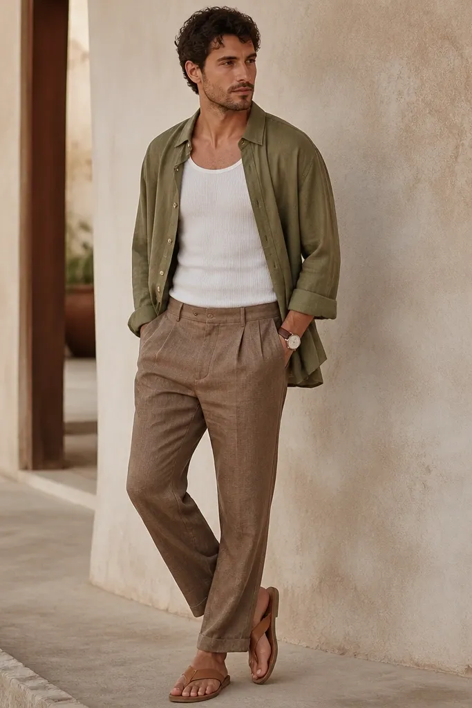 Brown linen pants with a white ribbed tank top and an olive linen overshirt worn open. The man wears tan leather sandals or minimalist slides and a simple watch. The overshirt drapes loosely over the shoulders.