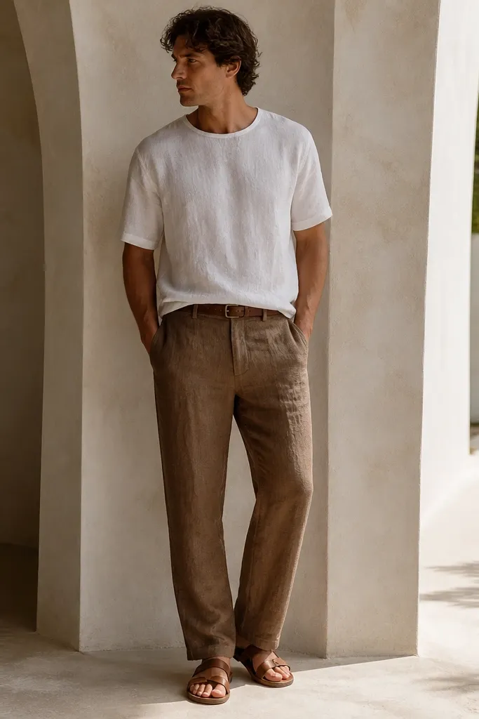 Brown linen pants with a white linen tee worn untucked over the waist. Brown leather sandals with a simple strap and a thin brown belt. The pants have visible linen wrinkles, but the overall look is clean.