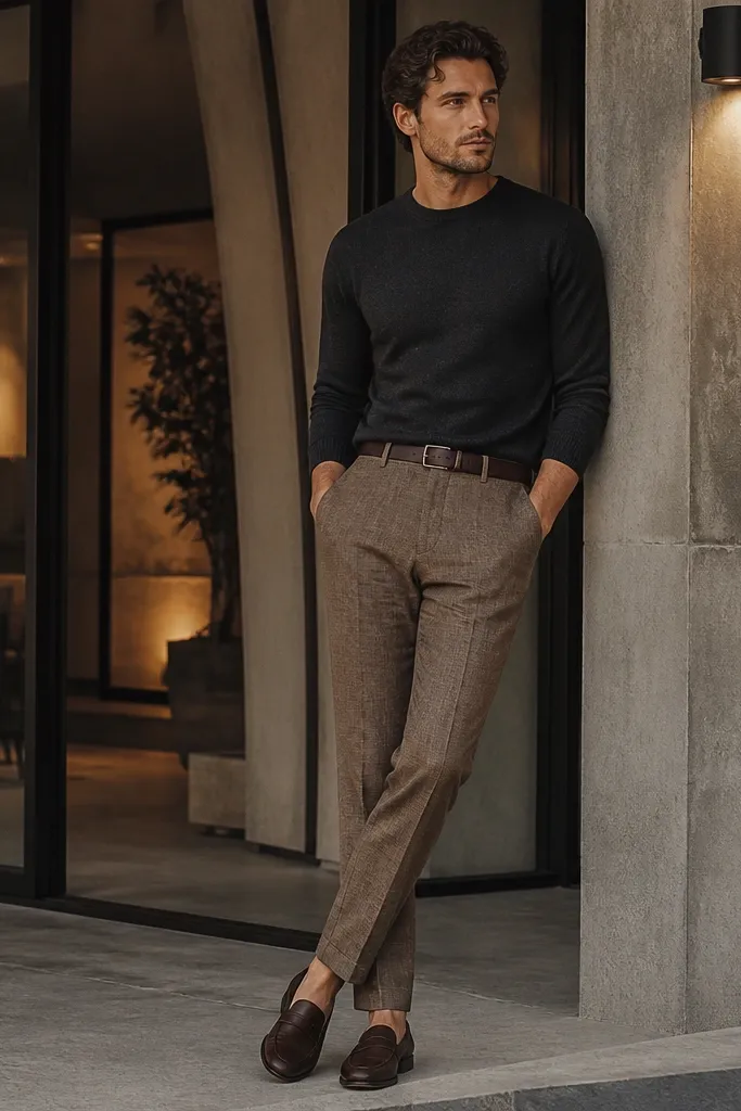 Brown linen pants with a charcoal crew-neck sweater or thick tee, layered in a cool evening setting. Dark brown loafers and a matching belt. The outfit reads sleek and steady.