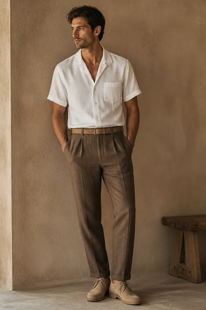 Brown linen pants paired with a white camp collar short-sleeve shirt. Tan suede desert boots and a light brown belt. The shirt collar is open and relaxed, with subtle structure.