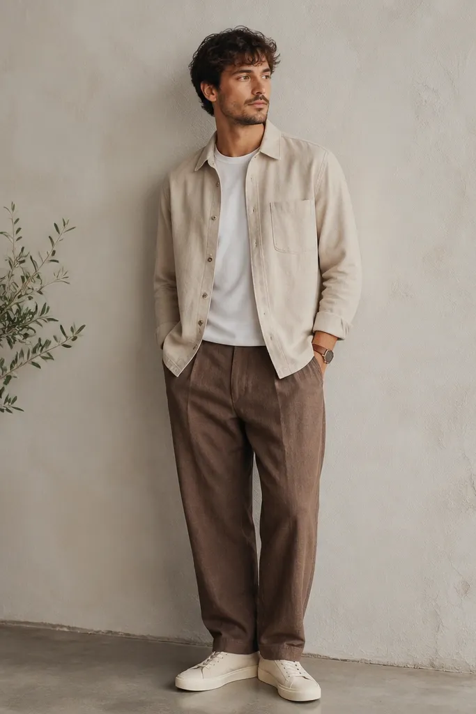 Brown linen pants with an oatmeal overshirt worn open over a white tee. Off-white sneakers and a brown watch. The overshirt hem sits around the top of the pants.