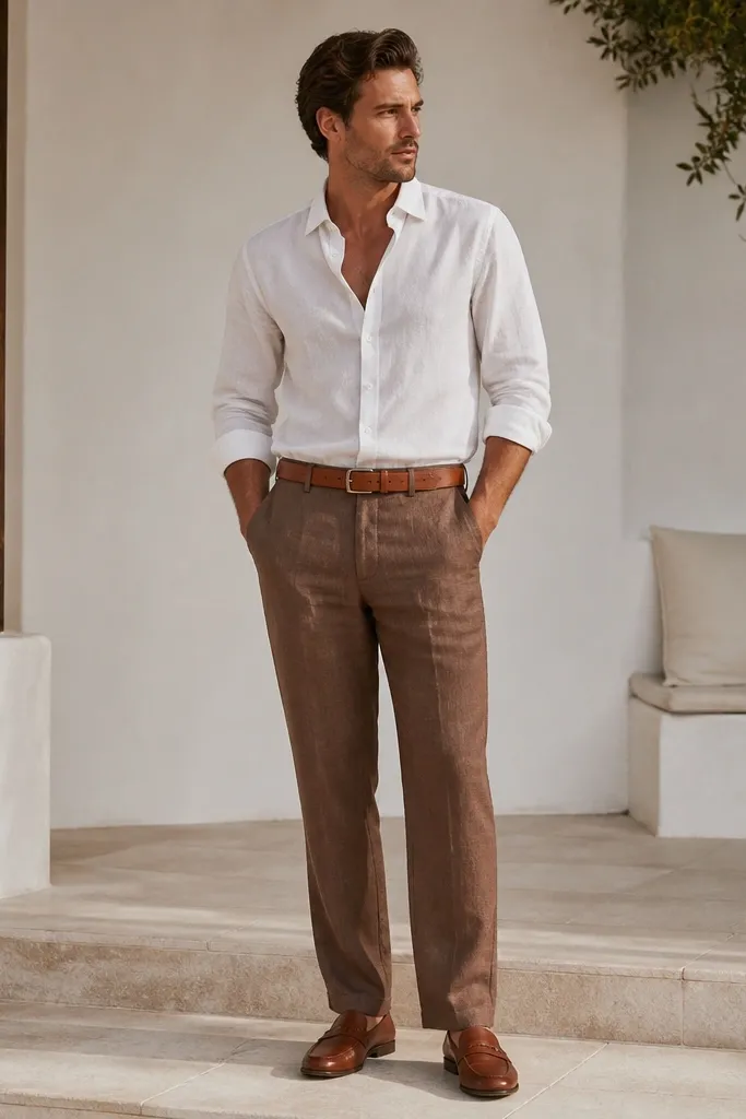Brown linen pants with a crisp white button-down shirt, sleeves rolled once, collar open. Tan leather loafers and a tan belt. The pants show a straight leg and hem break.