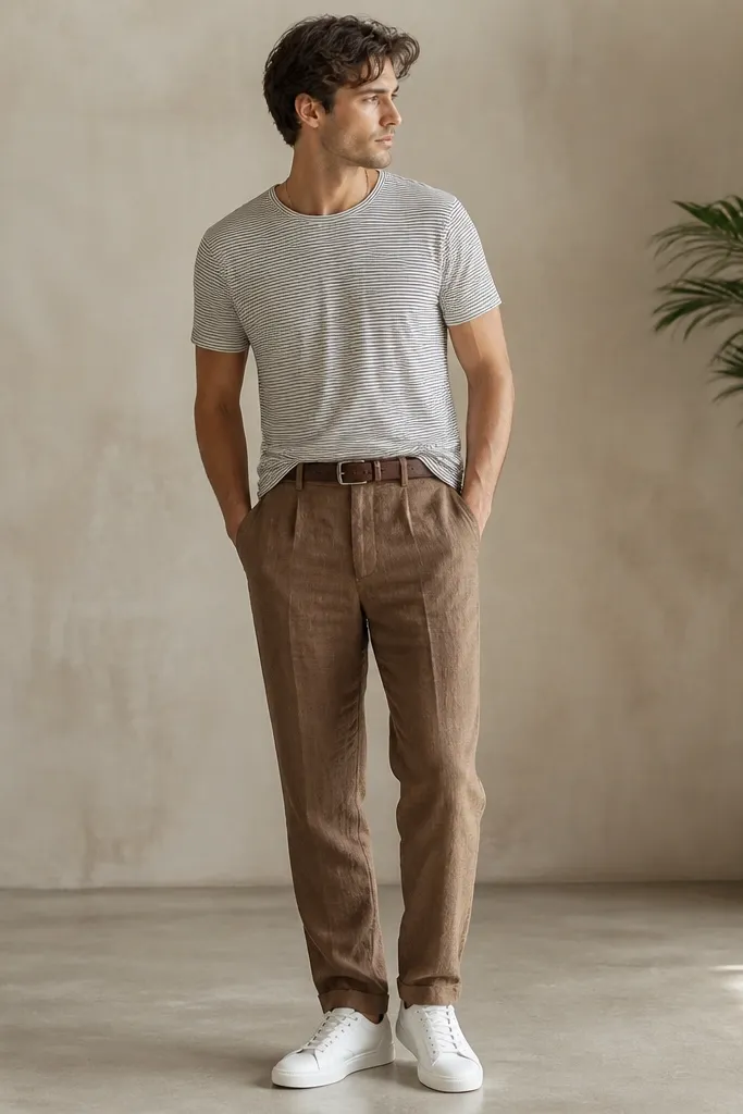 Brown linen pants with a thin black-and-white striped tee. White sneakers and a brown belt. The tee is tucked with the front corners tucked in.