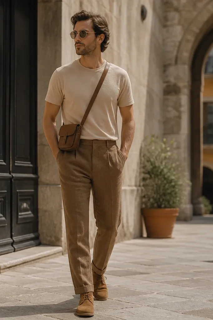 Brown linen pants with a sand t-shirt, worn tucked. Suede chukkas in dark tan and a small crossbody bag worn across the chest. The outfit looks travel-ready.