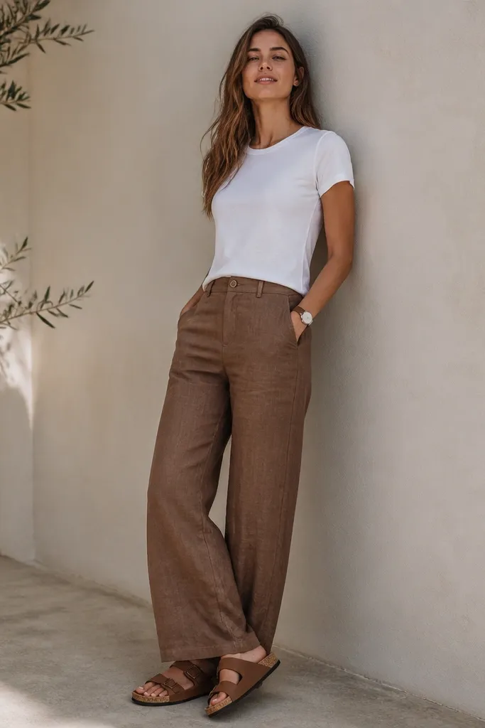 Brown linen pants paired with a fitted white tee, tucked lightly. Cork-soled sandals with brown straps and a simple watch. The outfit is bright and minimal.