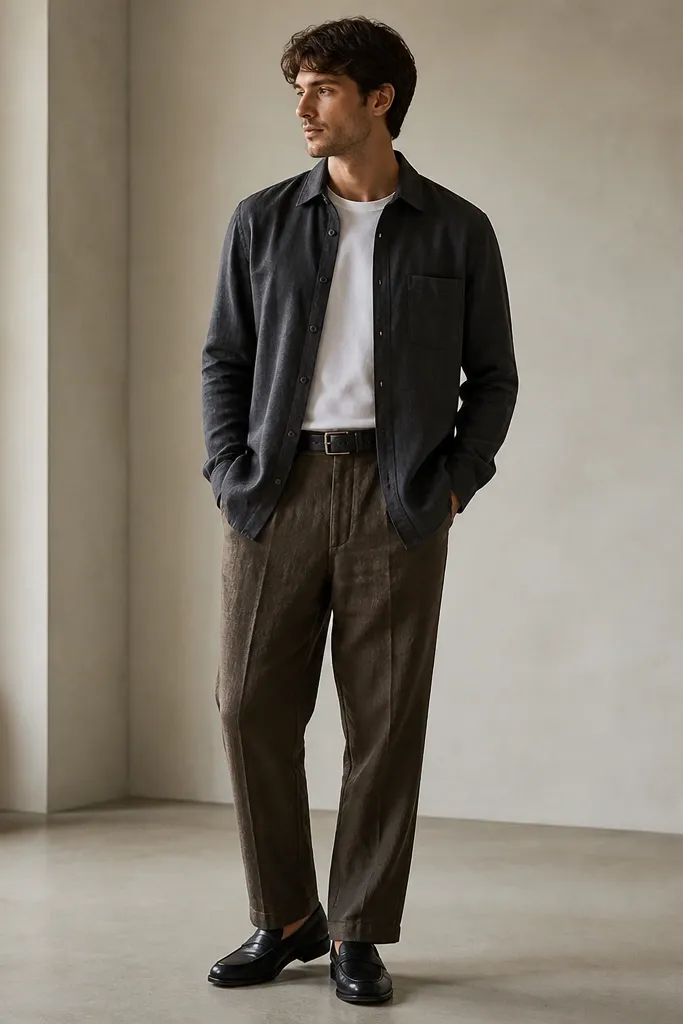 Brown linen pants with a charcoal overshirt worn open over a white tee. Black leather loafers and a matching black belt. The overshirt hem covers the top of the pants.