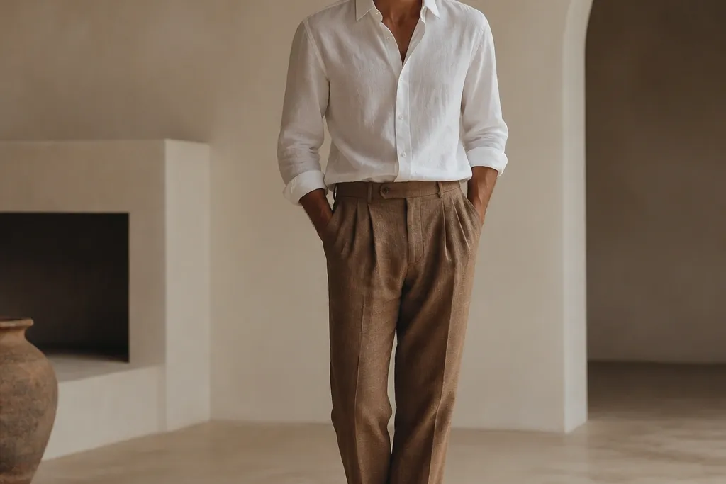 Modern minimalist brown linen pants outfit men