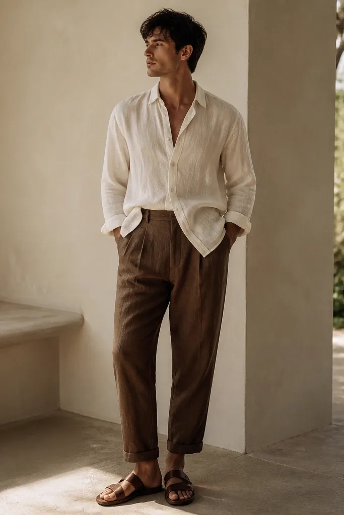 Modern minimalist brown linen pants outfit men