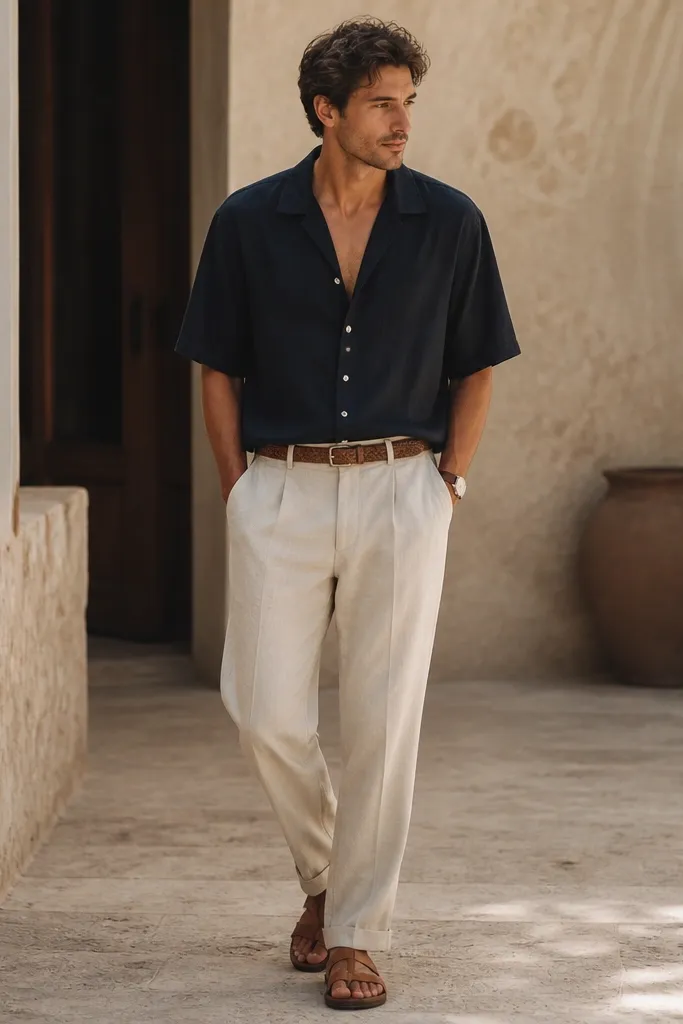 A man wearing ecru/beige linen pants paired with a navy camp collar button-up. The shirt is loose through the chest and sleeves, slightly open at the top. He wears tan leather sandals and a woven belt; a light watch sits on his wrist.