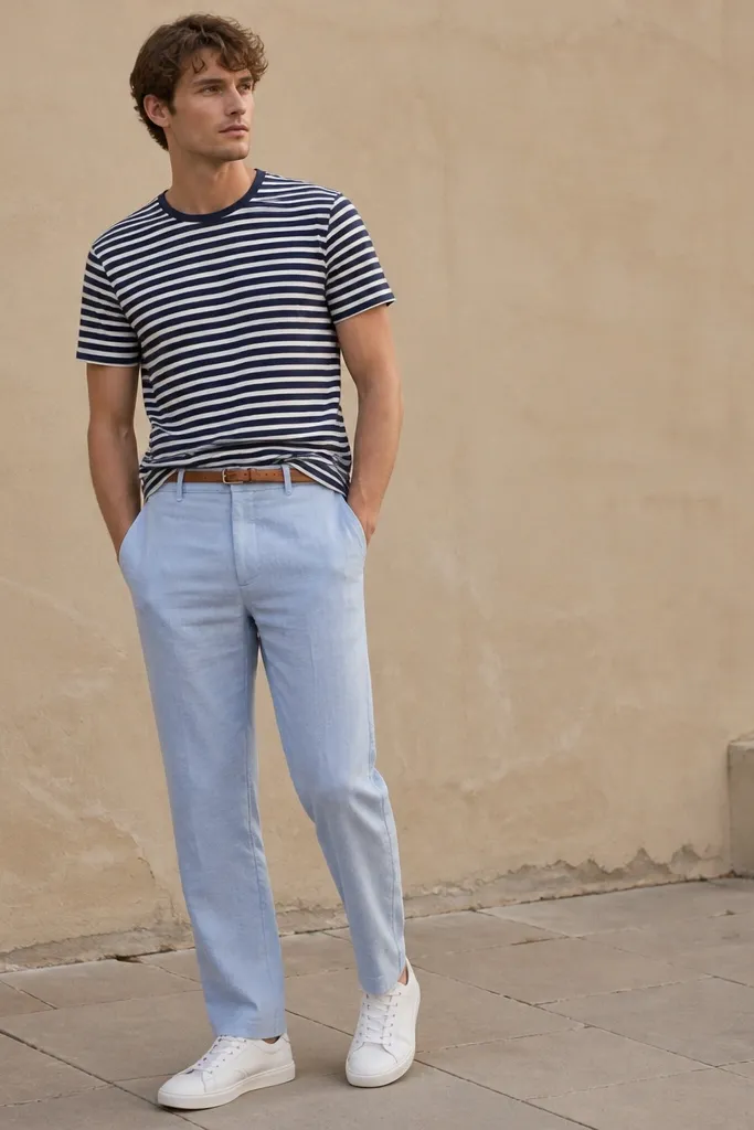 Light blue linen pants worn with a navy-and-white striped crewneck tee. The man wears clean white low-top sneakers and a thin tan belt; the tee is tucked loosely at the front.