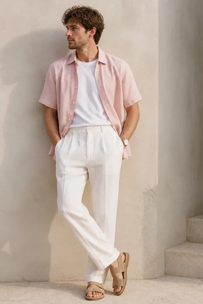 White linen pants worn with a pale pink short-sleeve overshirt. The overshirt is open over a white tee, and the man wears tan suede sandals and a light canvas strap watch.