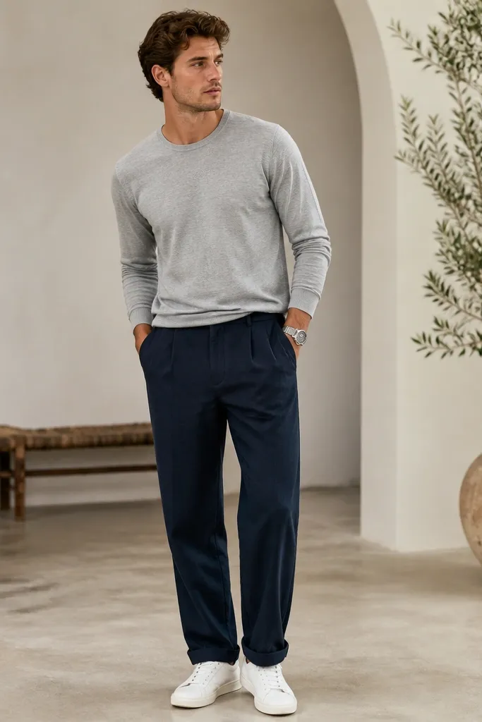 Navy linen pants paired with a light gray crewneck sweatshirt-like knit (thin and breathable). The outfit is casual with white sneakers and a simple silver watch.