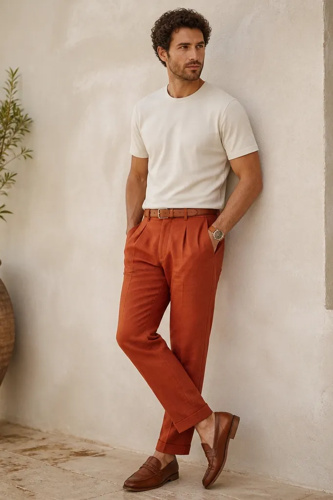 Rust/orange linen pants paired with a cream crew t-shirt. The man wears cognac leather loafers and a cognac belt, with a tan watch strap.