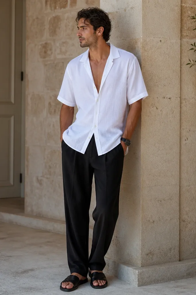 Black linen pants with a white short-sleeve button shirt worn slightly oversized. The man wears black leather sandals and a black watch; the shirt is unbuttoned at the top.